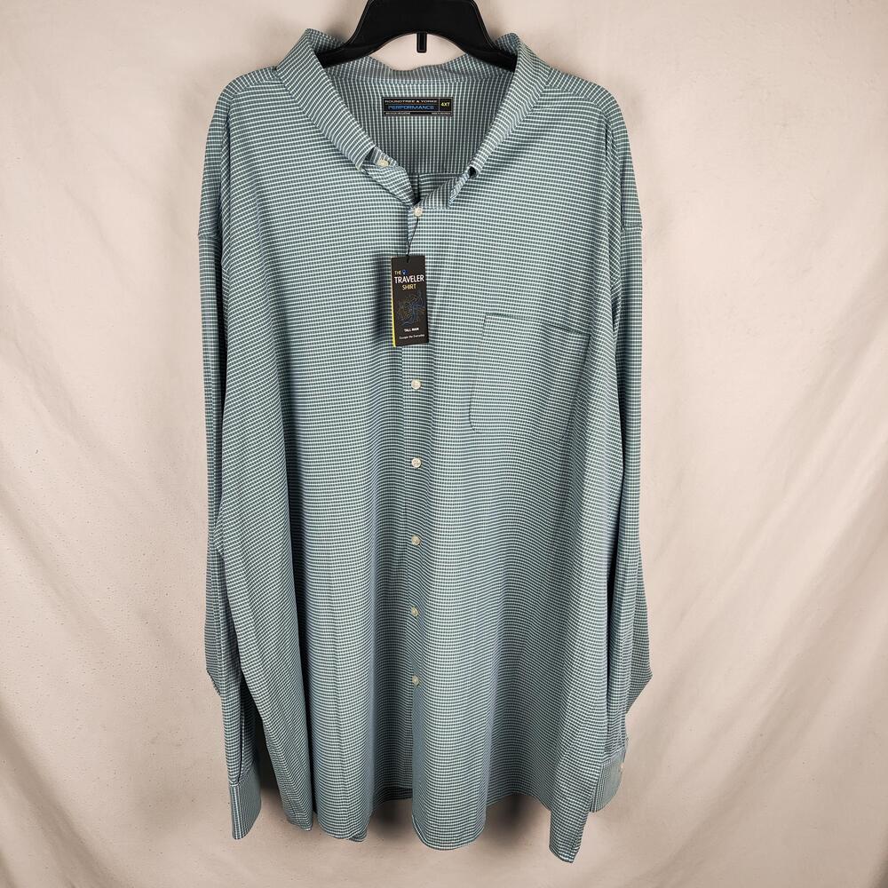 Roundtree & Yorke Shirt Mens 4XLT Green Check Long Sleeve Button Stretch Travel